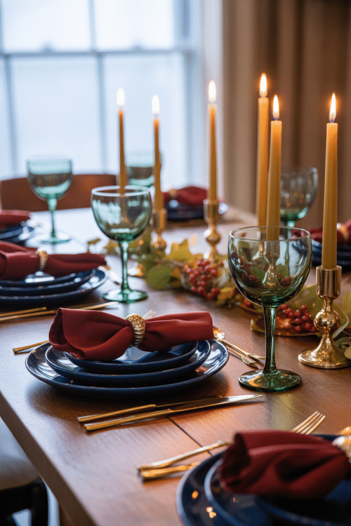 Thanksgiving table with jewel-tone napkins and metallic accents.