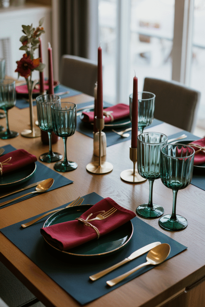 Thanksgiving table with jewel-tone napkins and metallic accents.
