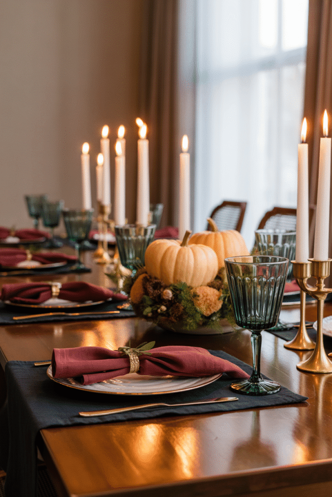 Thanksgiving centerpiece with stacked white pumpkins and greenery.