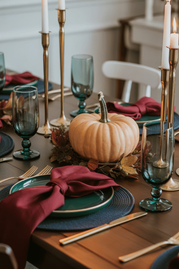 Thanksgiving centerpiece with stacked white pumpkins and greenery.