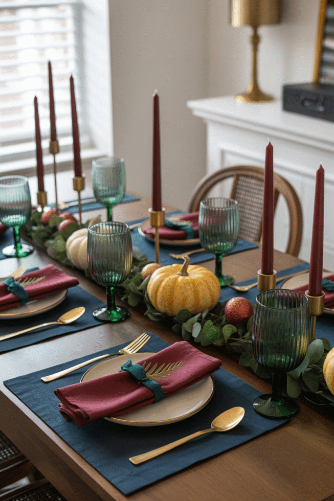 Thanksgiving centerpiece with stacked white pumpkins and greenery.