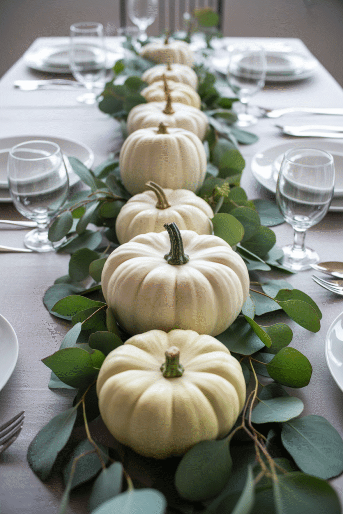 Thanksgiving centerpiece with stacked white pumpkins and greenery.