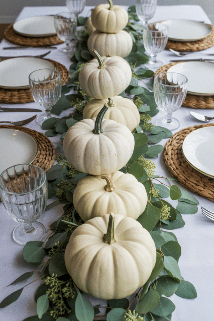 Thanksgiving centerpiece with stacked white pumpkins and greenery.