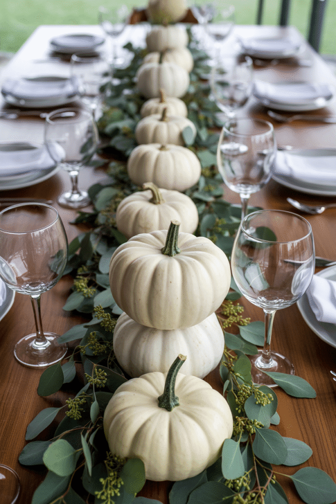 Thanksgiving centerpiece with stacked white pumpkins and greenery.