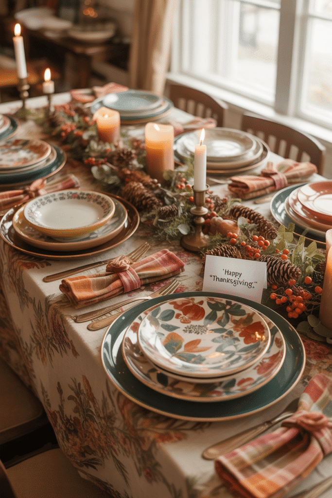Thanksgiving table with mix-and-match dinnerware and fun patterns.