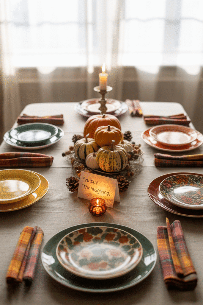 Thanksgiving table with mix-and-match dinnerware and fun patterns.