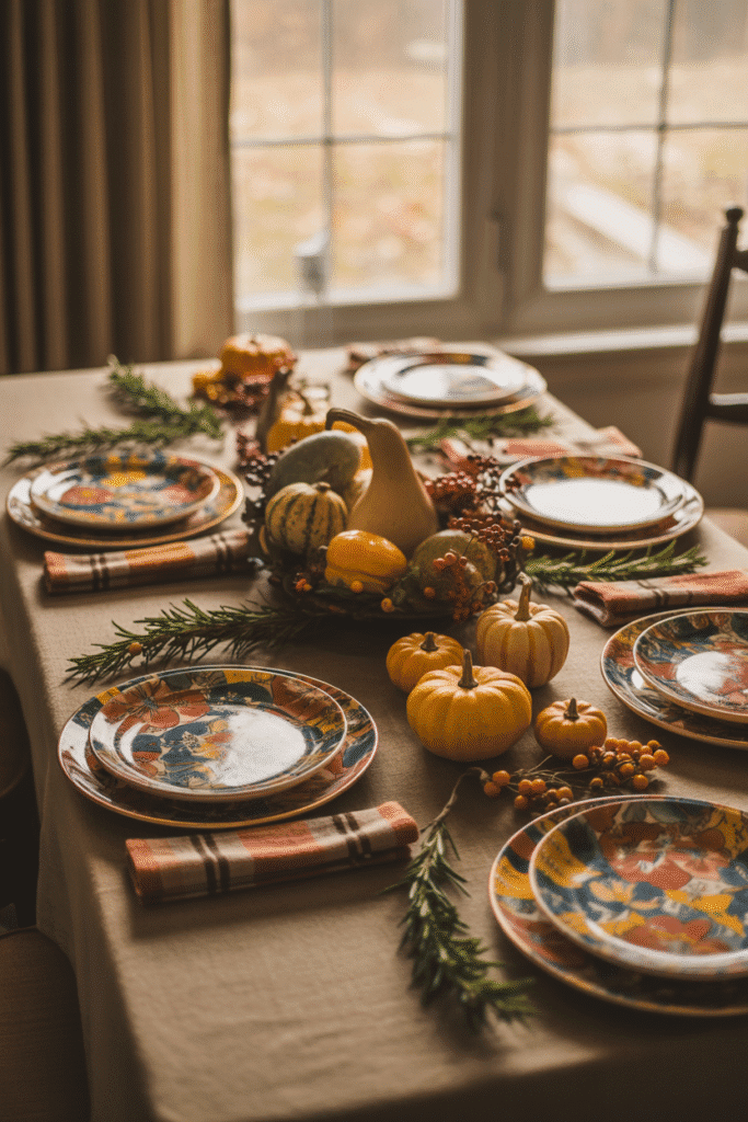 Thanksgiving table with mix-and-match dinnerware and fun patterns.