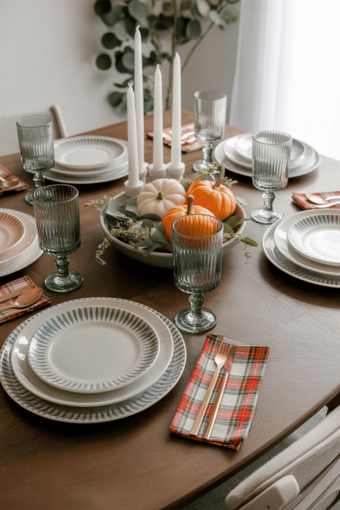 Thanksgiving table with mix-and-match dinnerware and fun patterns.