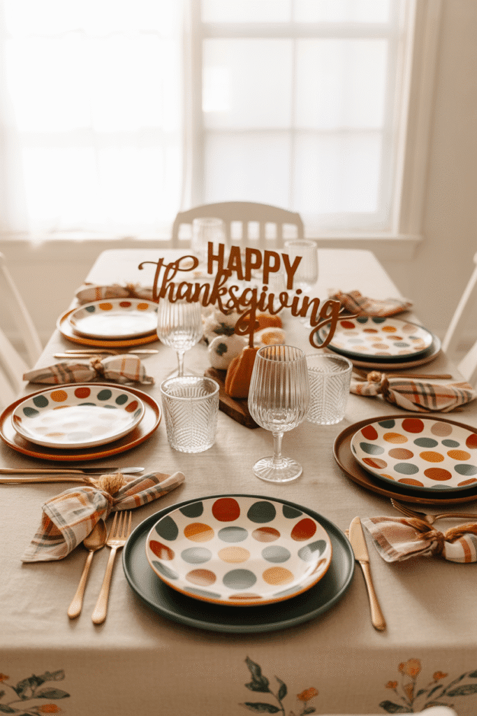 Thanksgiving table with mix-and-match dinnerware and fun patterns.