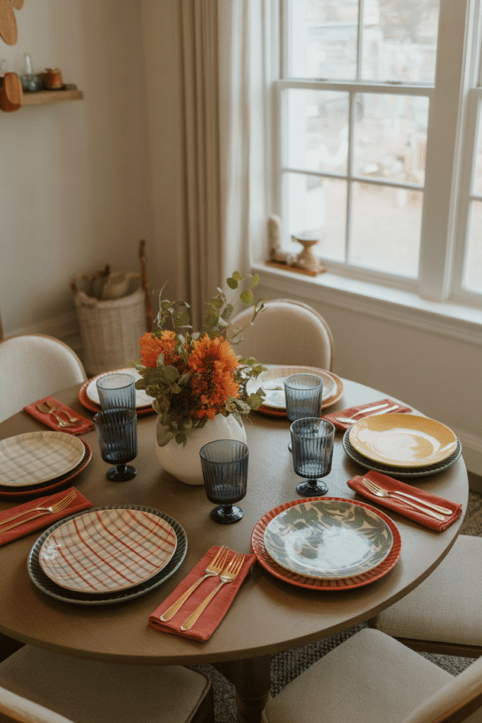 Thanksgiving table with mix-and-match dinnerware and fun patterns.