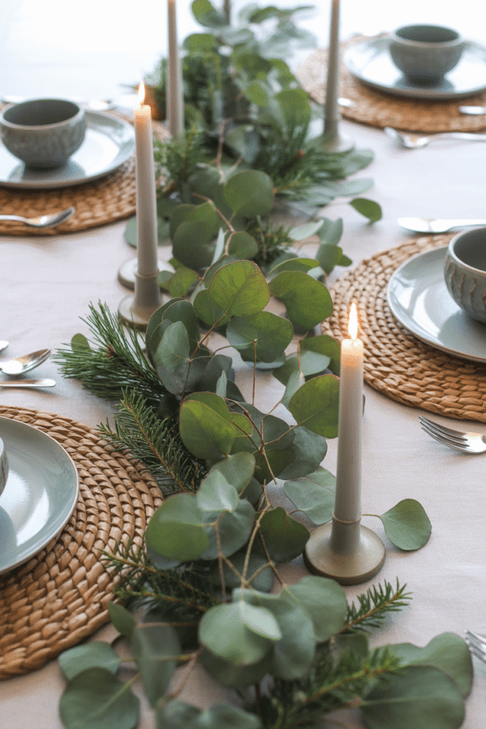 Thanksgiving greenery centerpiece with eucalyptus and pine.