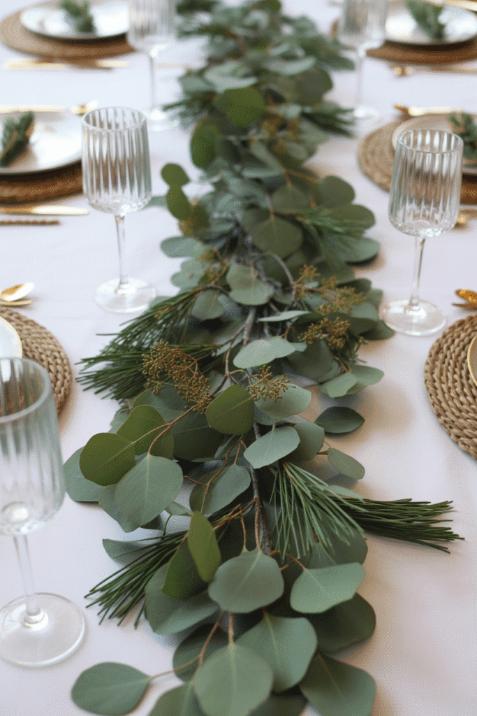 Thanksgiving greenery centerpiece with eucalyptus and pine.