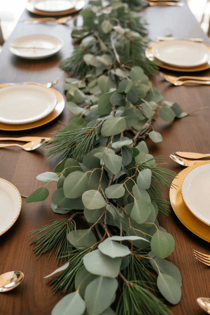 Thanksgiving greenery centerpiece with eucalyptus and pine.
