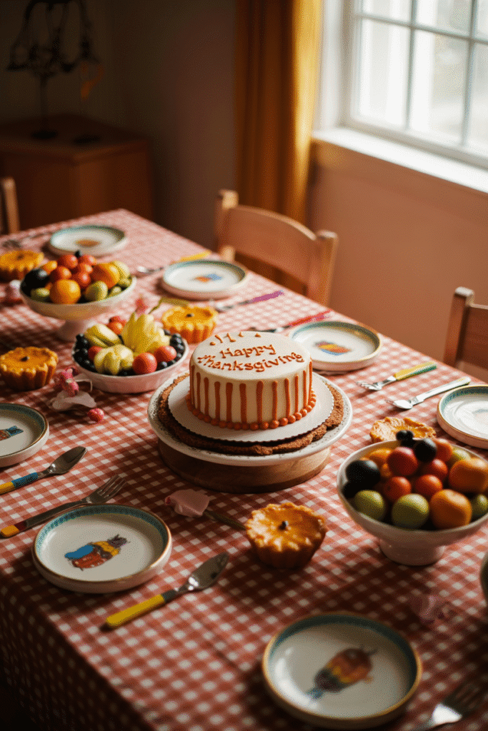 Kids’ Thanksgiving table with coloring paper and pumpkin place cards.