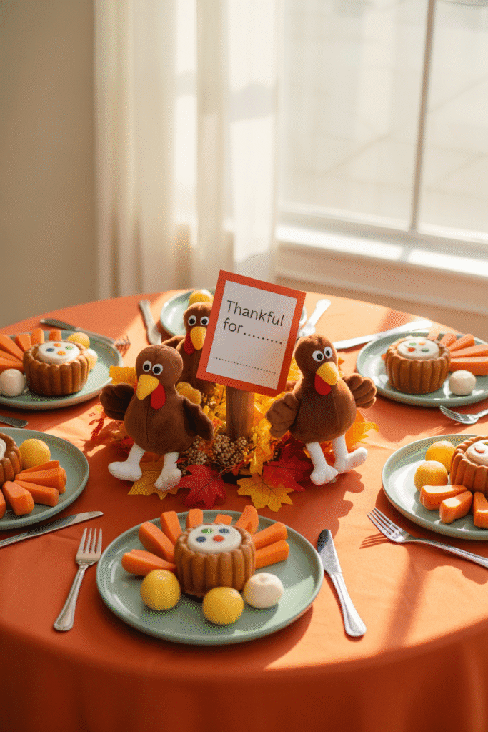 Kids’ Thanksgiving table with coloring paper and pumpkin place cards.