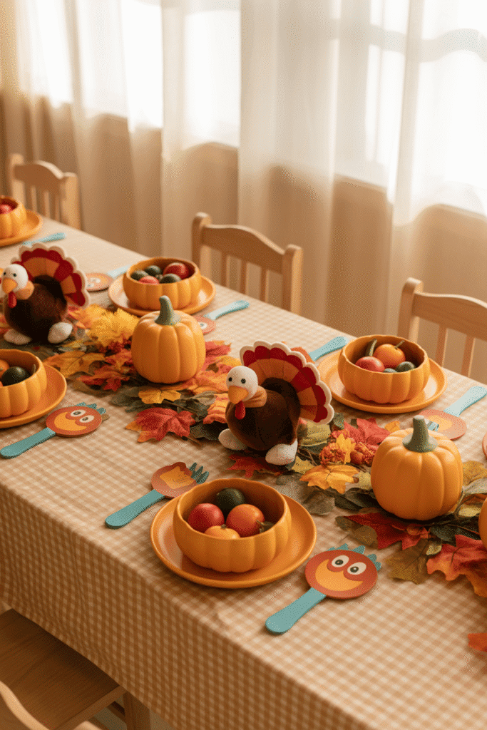 Kids’ Thanksgiving table with coloring paper and pumpkin place cards.