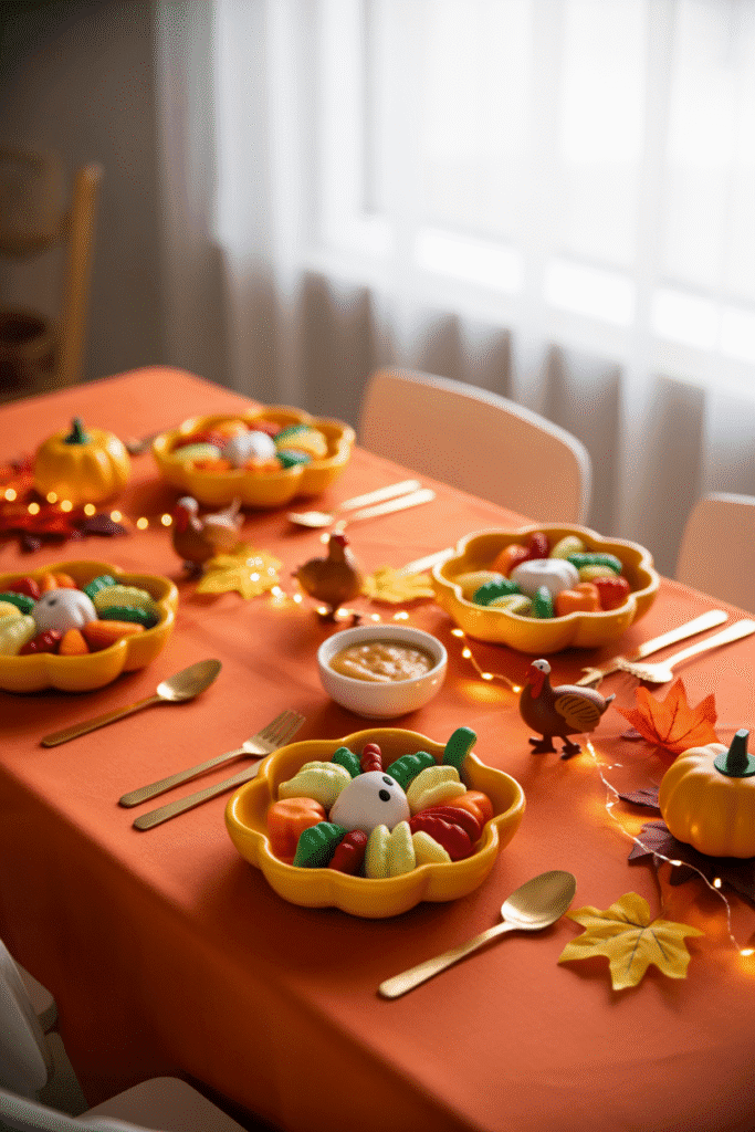 Kids’ Thanksgiving table with coloring paper and pumpkin place cards.