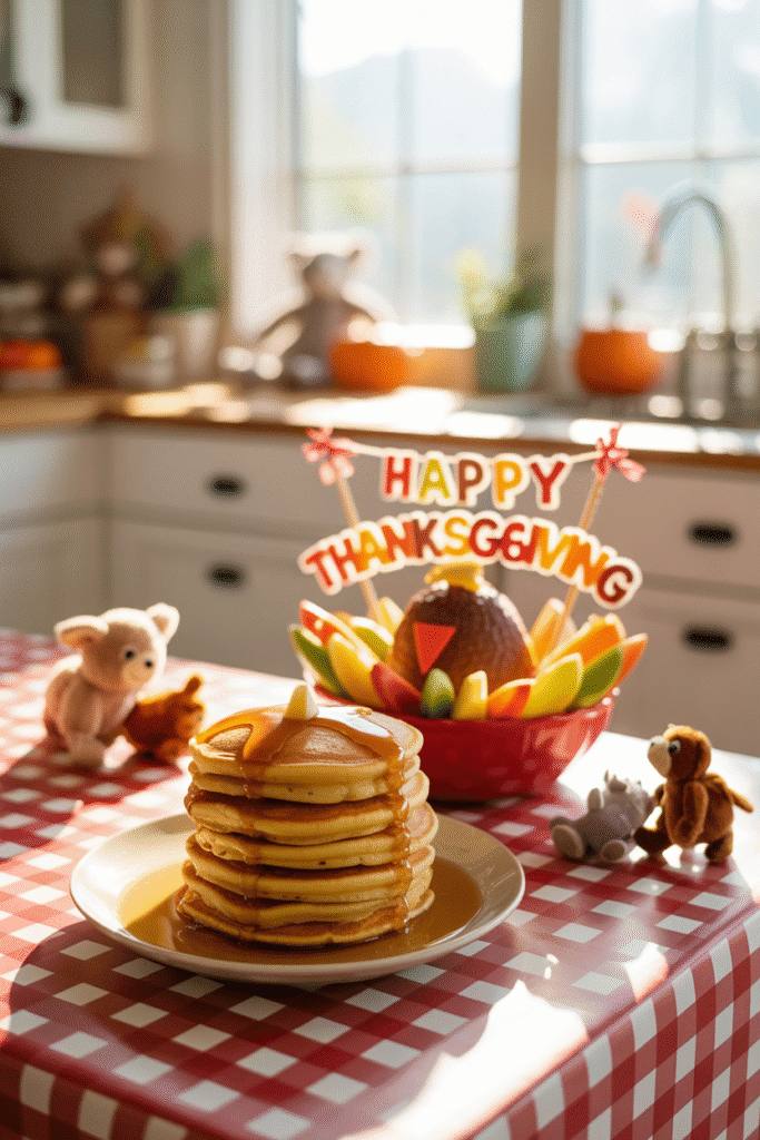 Kids’ Thanksgiving table with coloring paper and pumpkin place cards.