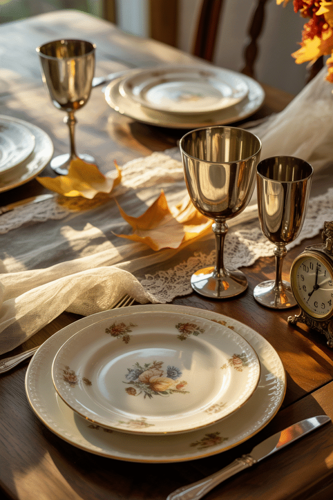 Vintage-inspired Thanksgiving table with lace runner and antique dishes.