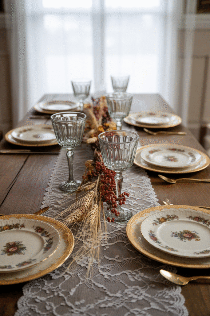 Vintage-inspired Thanksgiving table with lace runner and antique dishes.