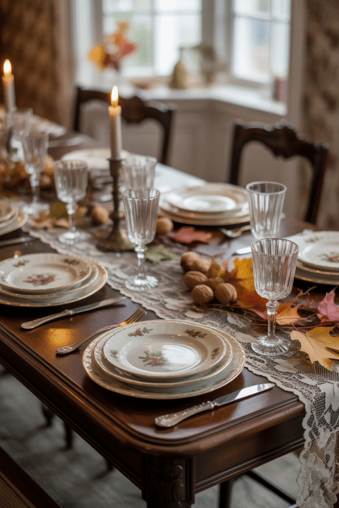 Vintage-inspired Thanksgiving table with lace runner and antique dishes.