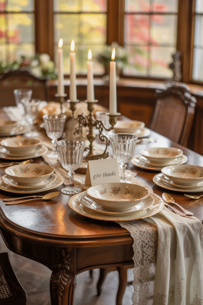 Vintage-inspired Thanksgiving table with lace runner and antique dishes.