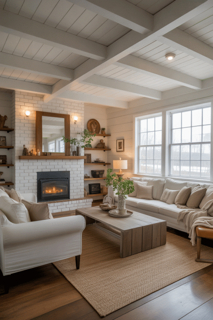 Shiplap ceiling brings warmth and texture to a cozy farmhouse living space.