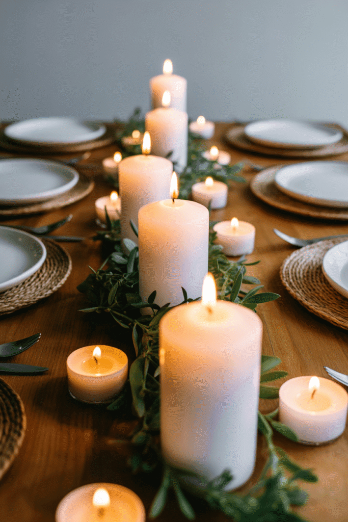 Thanksgiving table centerpiece with cozy candlelight glow.
