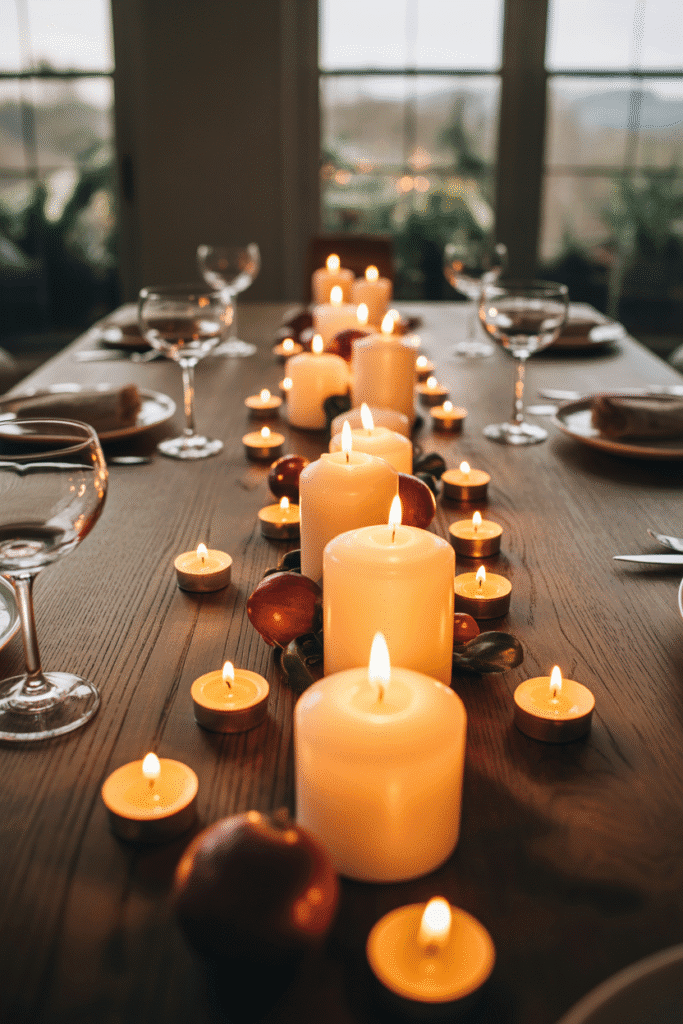 Thanksgiving table centerpiece with cozy candlelight glow.