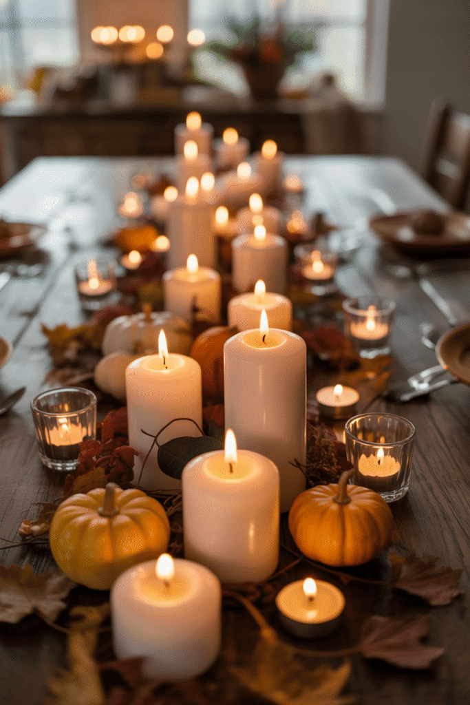 Thanksgiving table centerpiece with cozy candlelight glow.