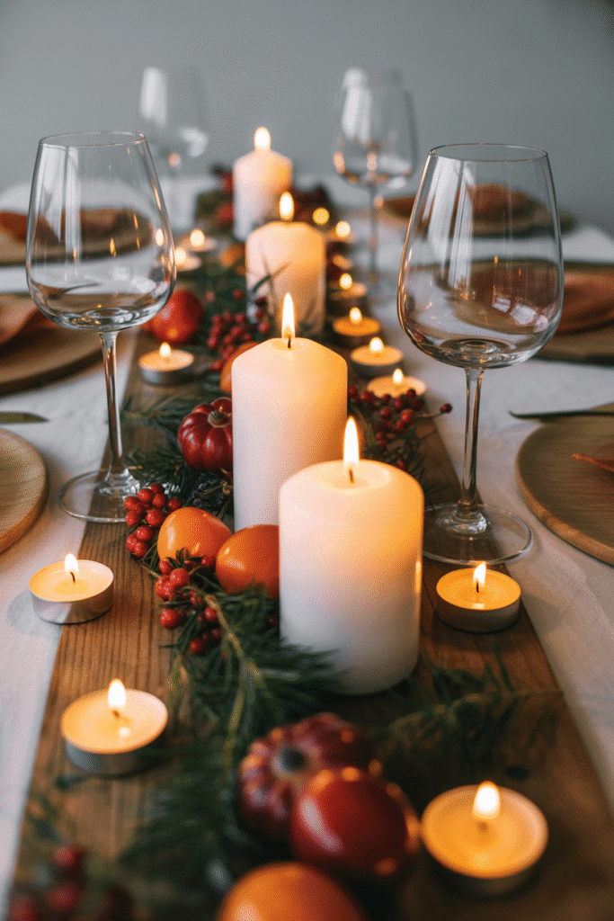 Thanksgiving table centerpiece with cozy candlelight glow.