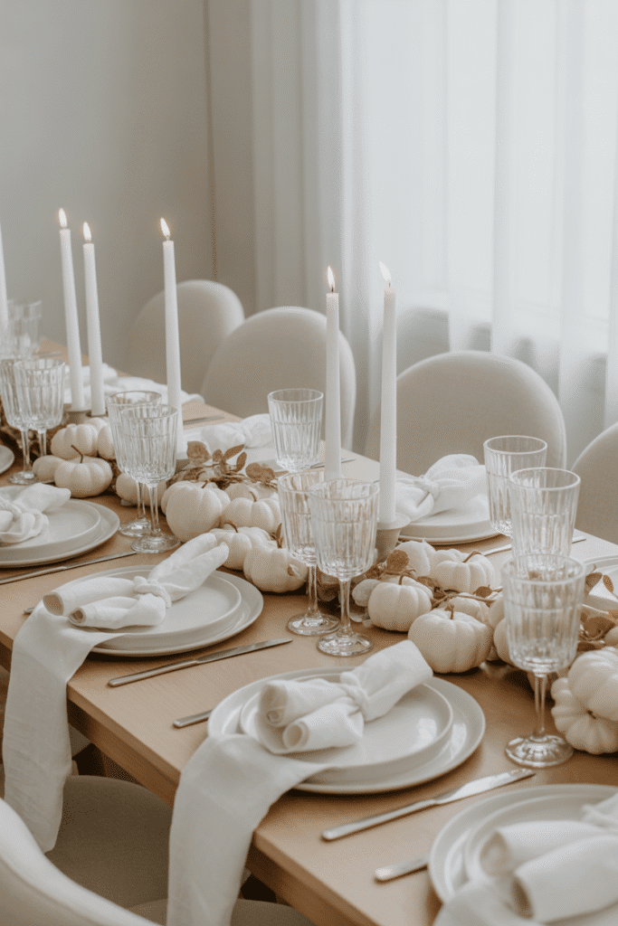 Monochrome Thanksgiving table in all-white decor.