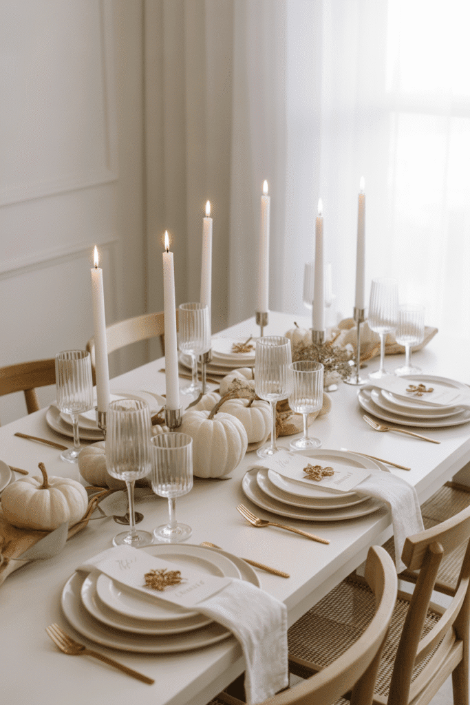 Monochrome Thanksgiving table in all-white decor.