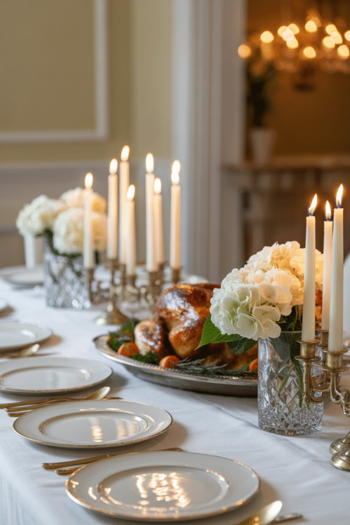 Monochrome Thanksgiving table in all-white decor.