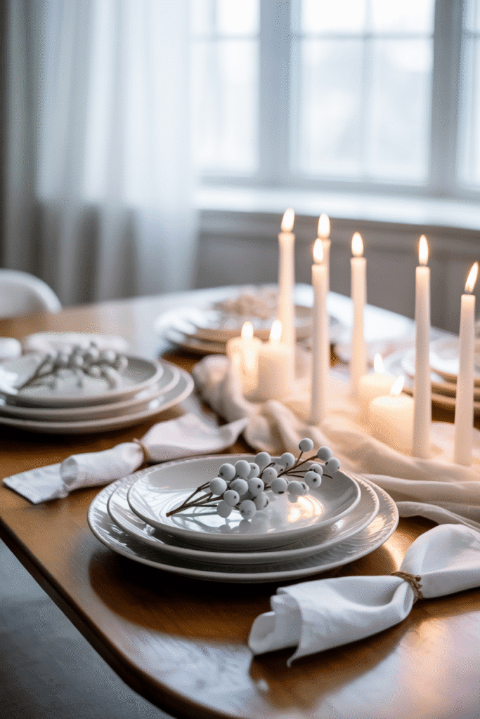 Monochrome Thanksgiving table in all-white decor.