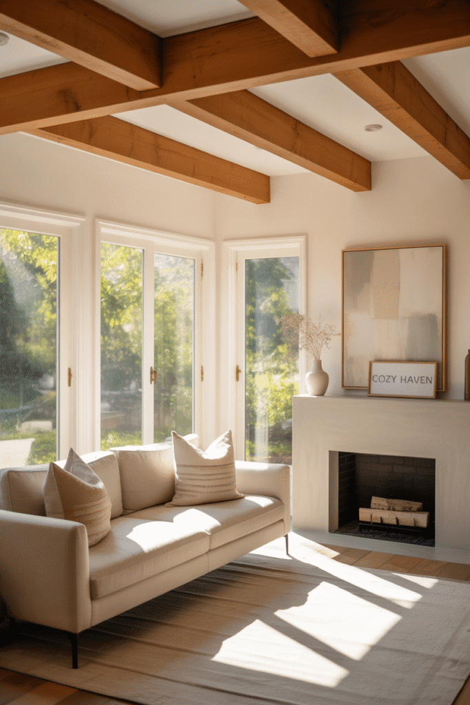 Exposed wooden beams create architectural charm and rustic appeal in modern interiors.