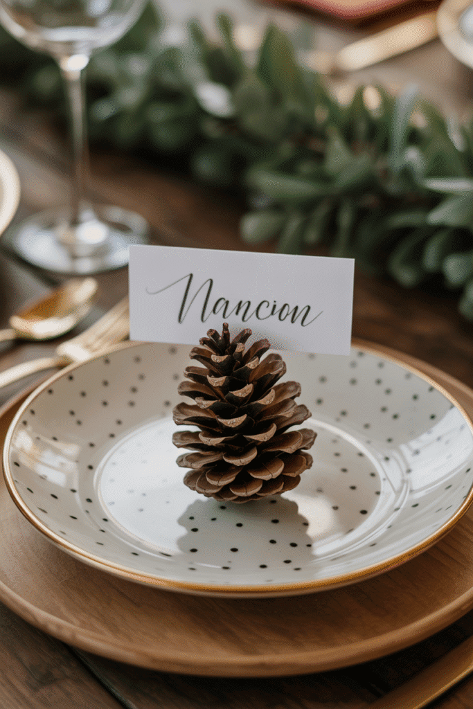 Thanksgiving place setting with personalized pinecone place card.