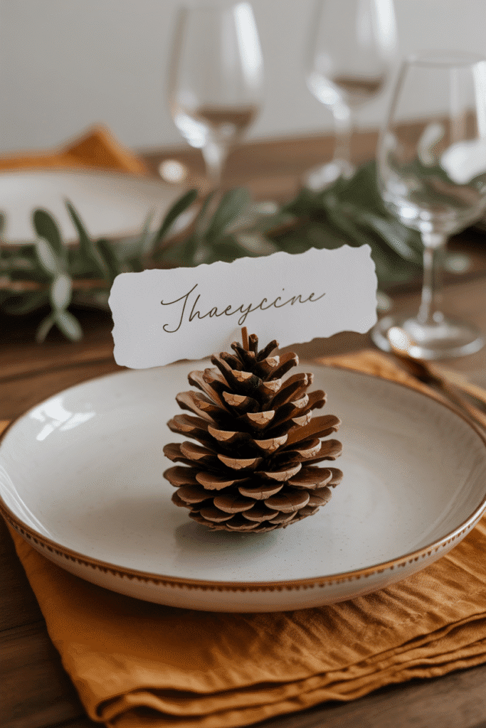 Thanksgiving place setting with personalized pinecone place card.