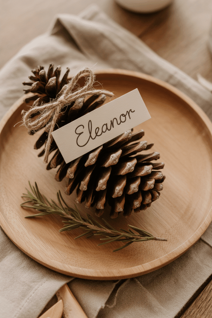 Thanksgiving place setting with personalized pinecone place card.