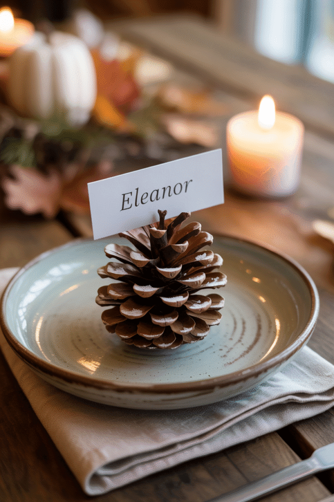 Thanksgiving place setting with personalized pinecone place card.
