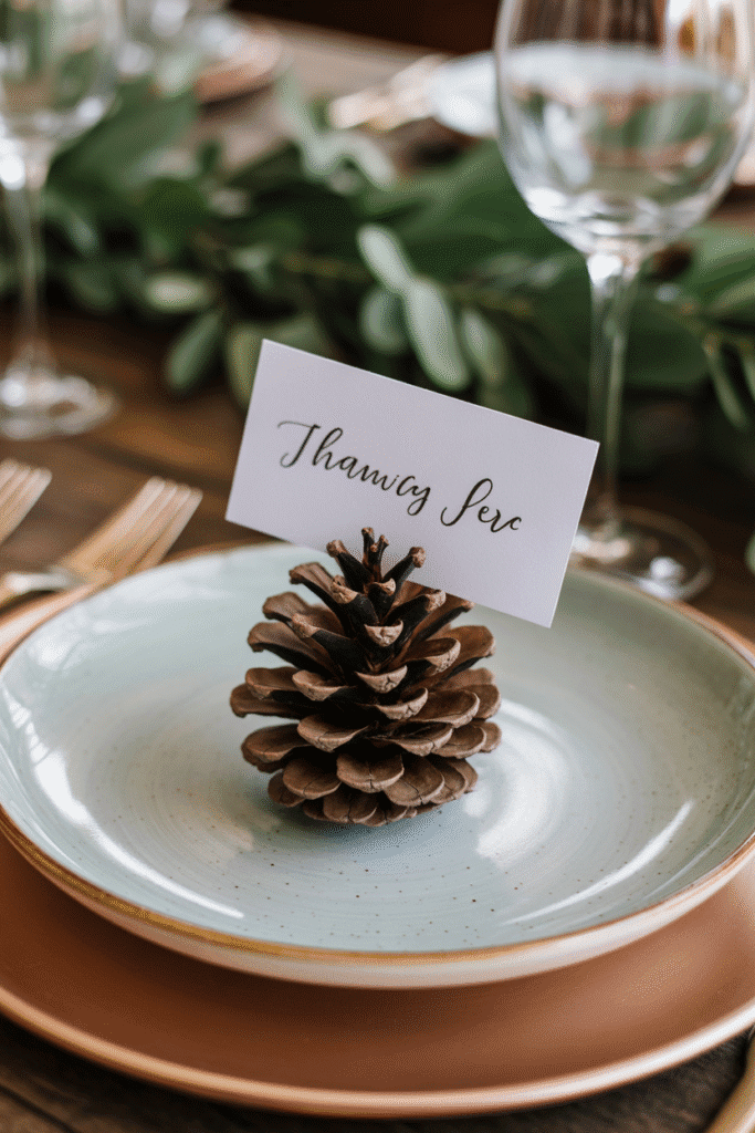Thanksgiving place setting with personalized pinecone place card.