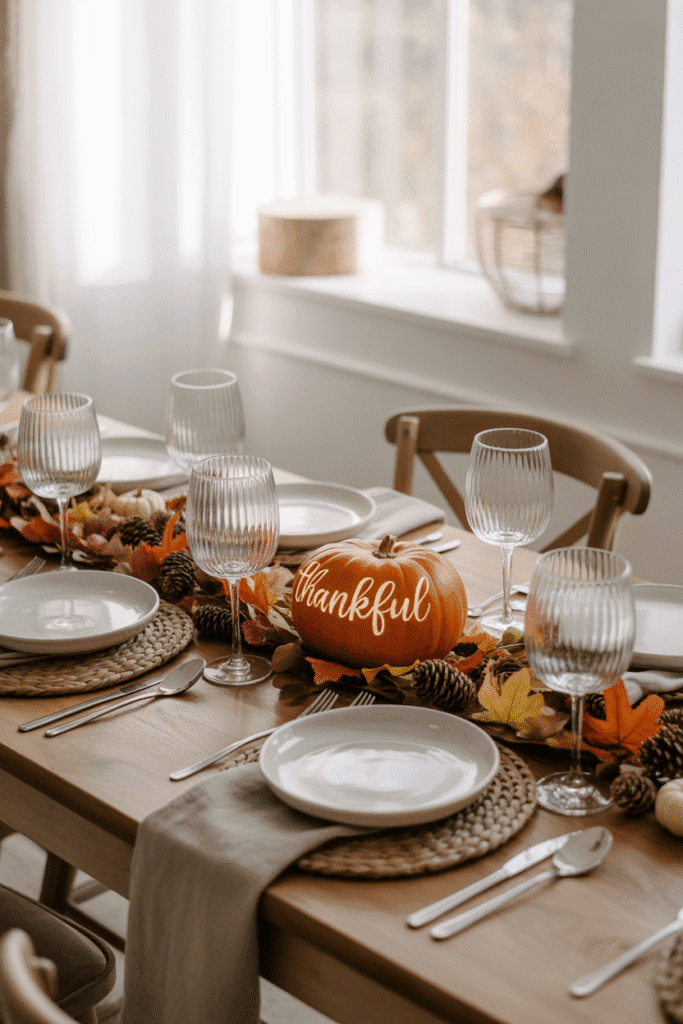 Relaxed Thanksgiving table with casual dinnerware and linens.