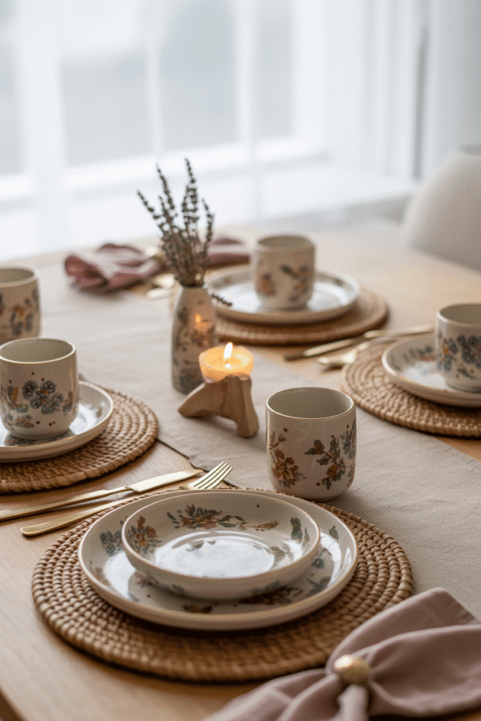 Relaxed Thanksgiving table with casual dinnerware and linens.