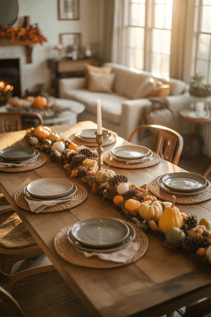 Relaxed Thanksgiving table with casual dinnerware and linens.