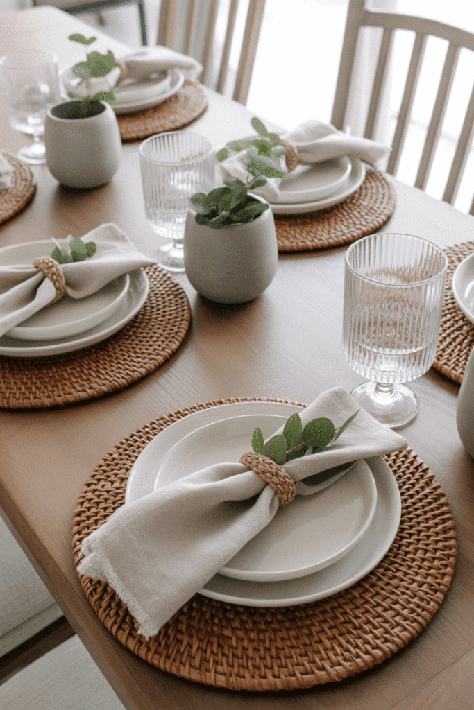 Relaxed Thanksgiving table with casual dinnerware and linens.