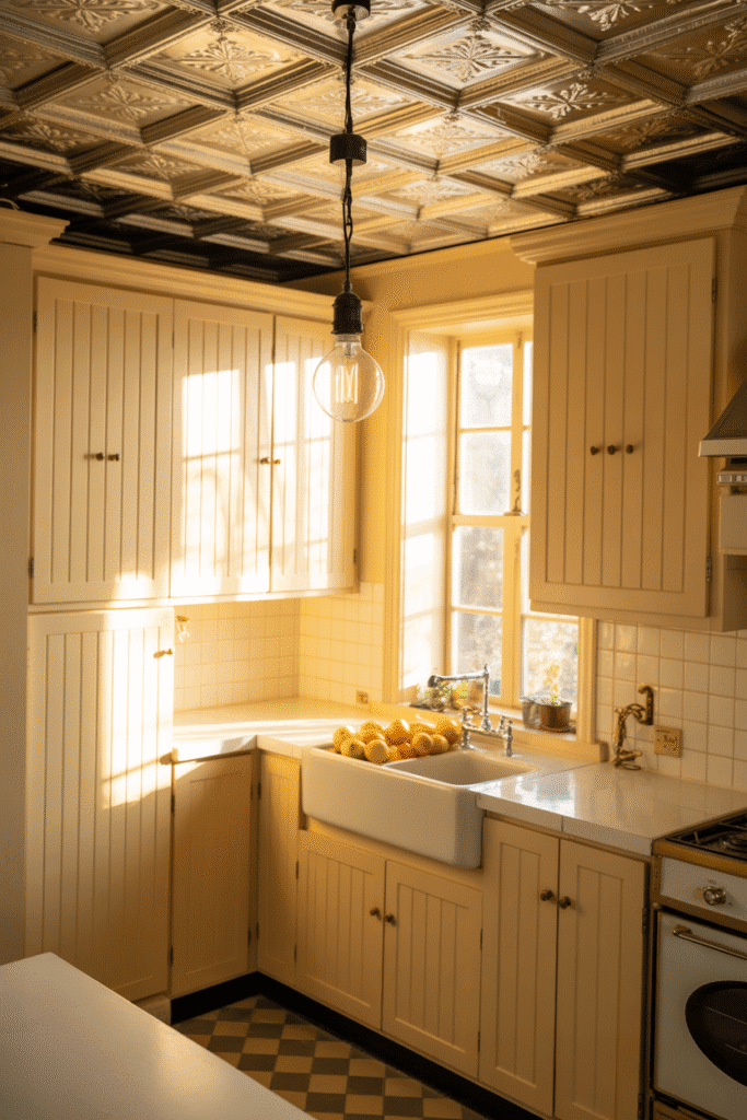 Tin ceiling tiles add vintage flair and metallic texture to a traditional kitchen.