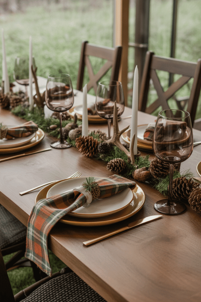 Woodland-inspired Thanksgiving table with pinecones and rustic touches.