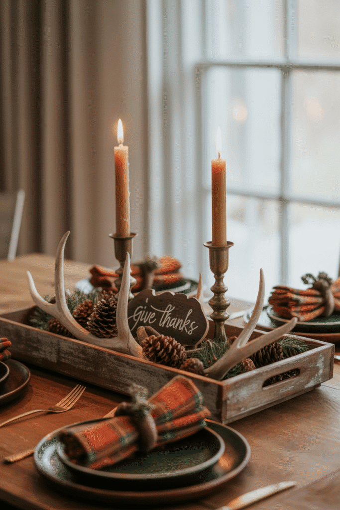 Woodland-inspired Thanksgiving table with pinecones and rustic touches.