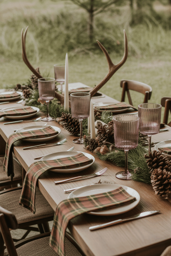 Woodland-inspired Thanksgiving table with pinecones and rustic touches.