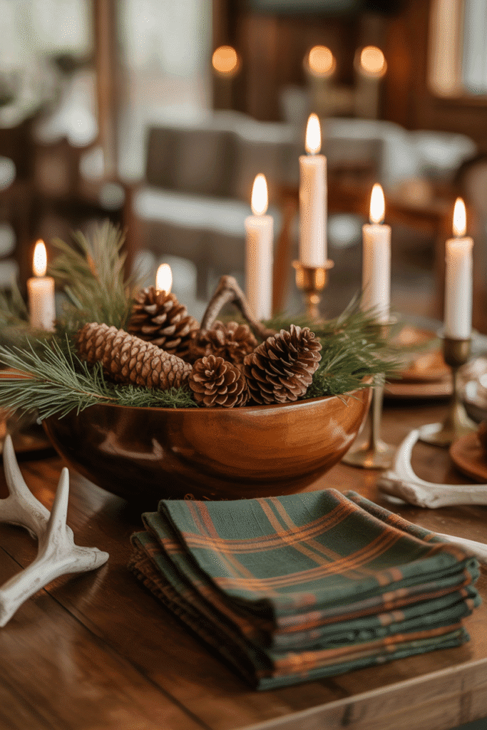 Woodland-inspired Thanksgiving table with pinecones and rustic touches.